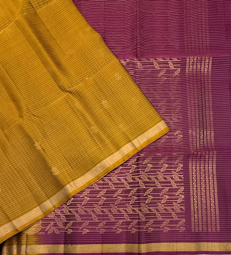 Tanvitha handloom softsilk sareee - mustard color body , purple color pallu,blouse - Pure silk saree