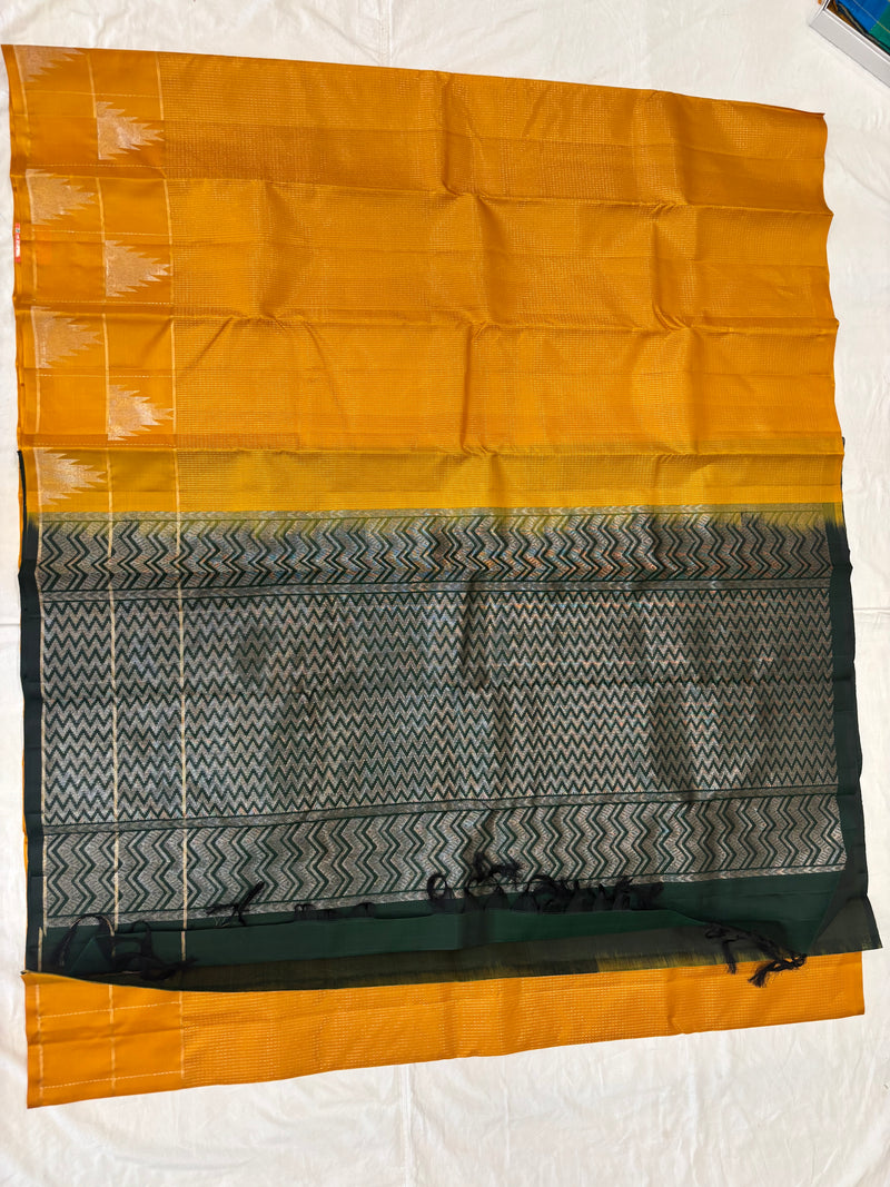 Devasena golden yellow & bottle green handloom softsilk saree - Pure silk saree-AK1110