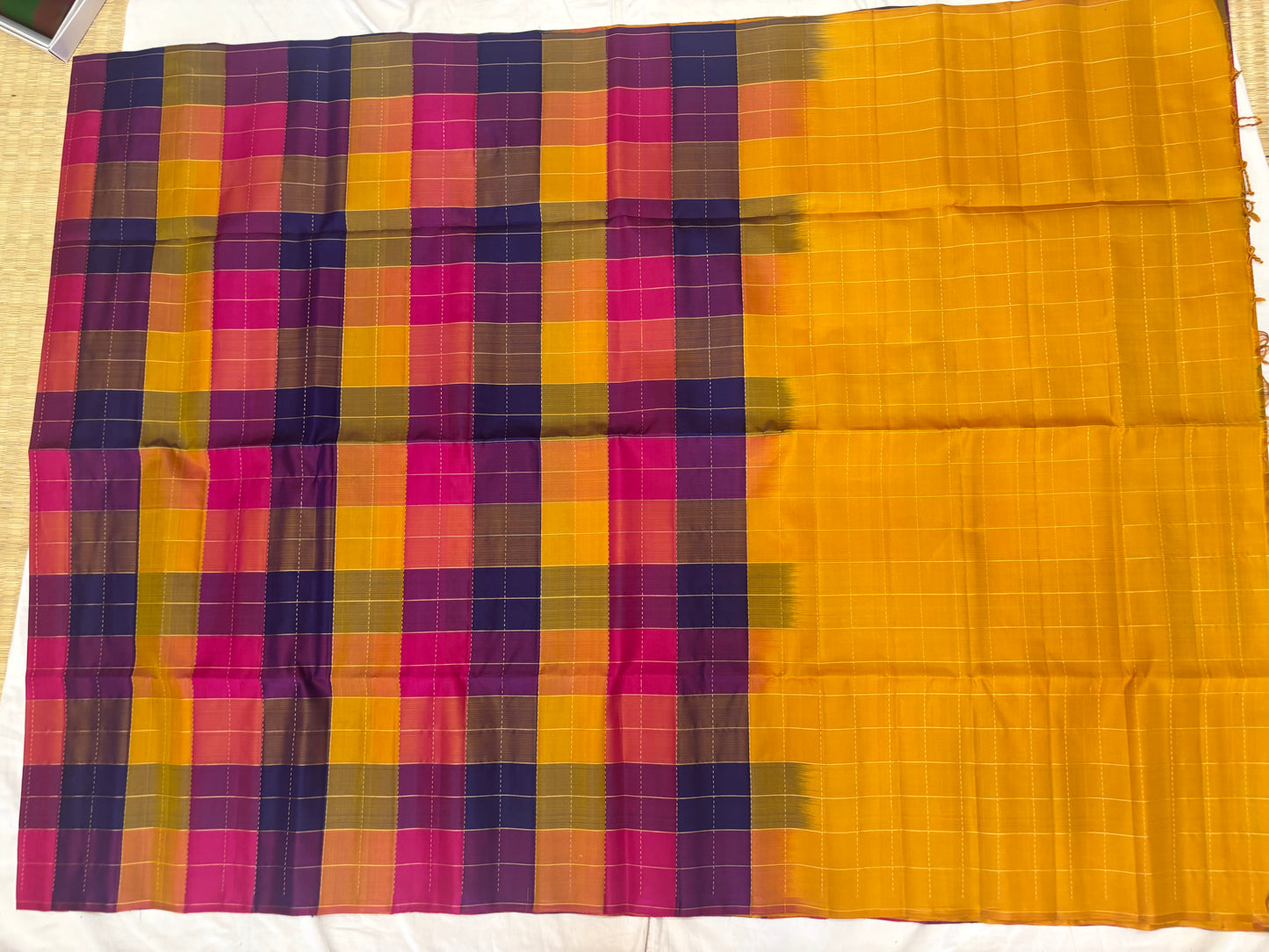 Kattam Multi color checks - yellow handloom softsilk saree-AK1114