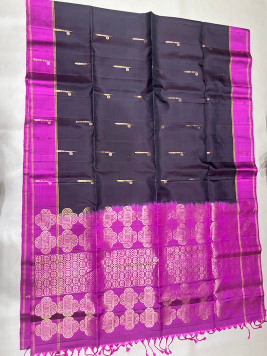 Hridya dark brown & pink handloom softsilk saree - Pure silk saree