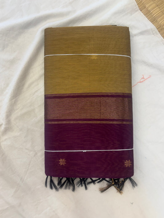 Mustard yellow & plum Maheshwari cotton saree