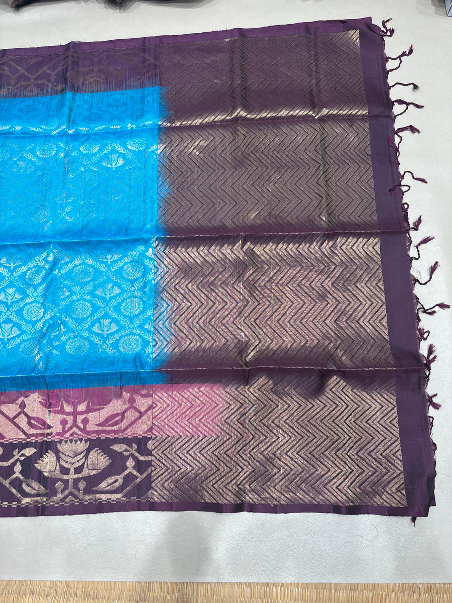Kalai light blue brocade bridal softsilk saree- Pure silk saree