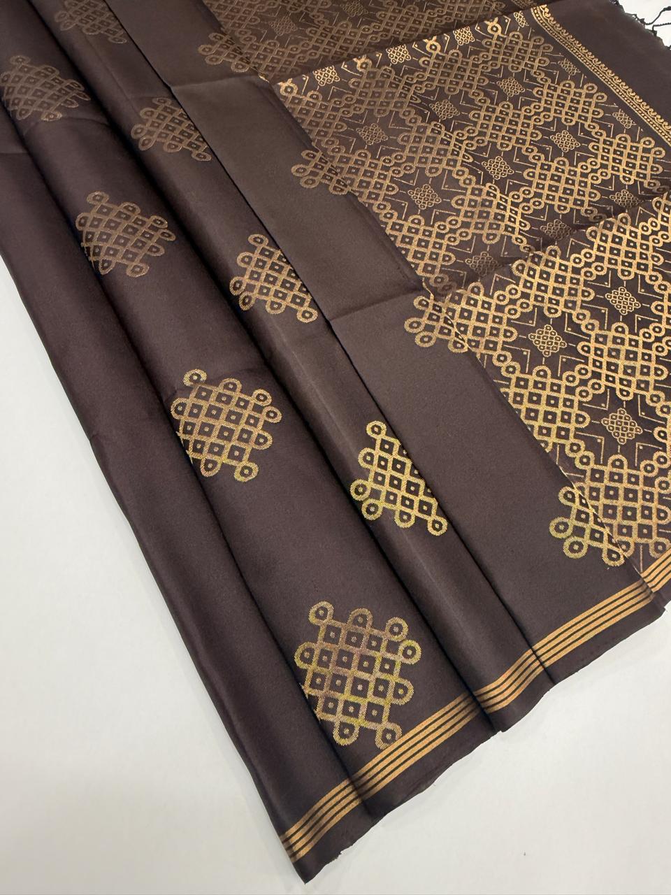 Kolam dark brown softsilk saree - dark coffee brown color body, pallu , blouse pure silk saree