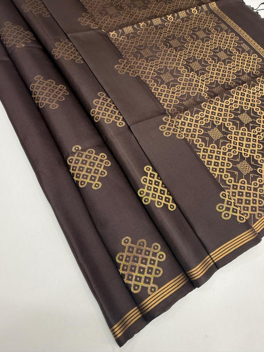 Kolam dark brown softsilk saree - dark coffee brown color body, pallu , blouse pure silk saree