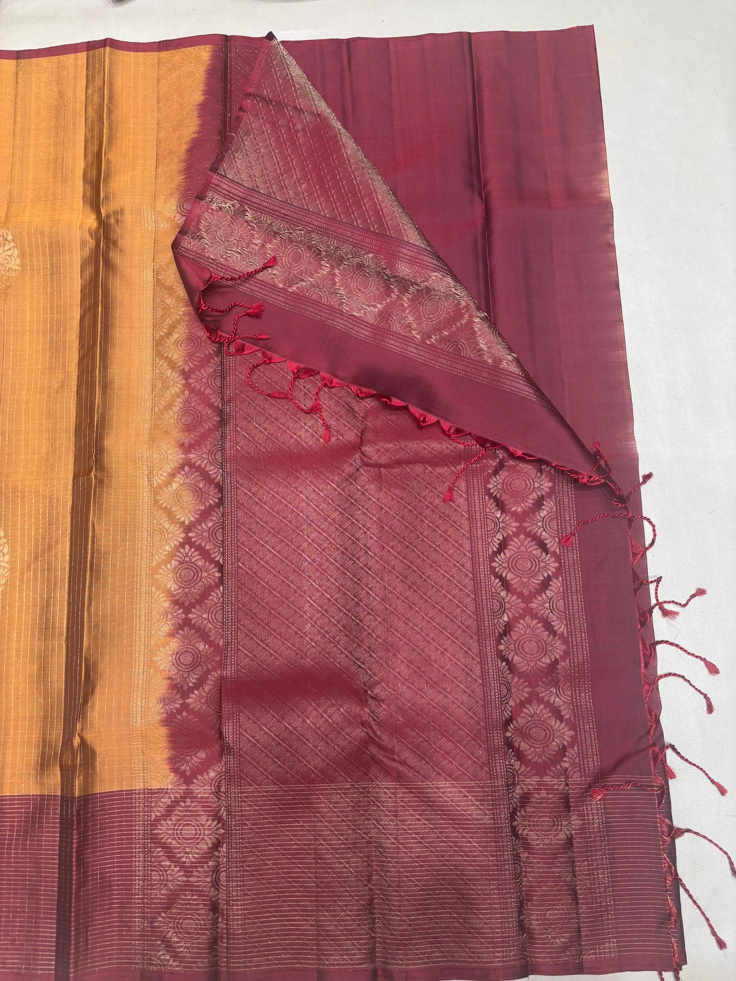 Vaidoori gold & maroon handloom softsilk saree - Vaira oosi design - Pure silk saree