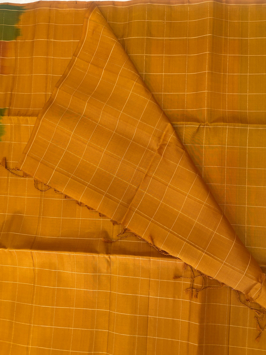 Kattam orange green multicolor handloom softsilk saree
