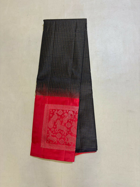 Kavi black & red handloom softsilk saree - Pure silk saree