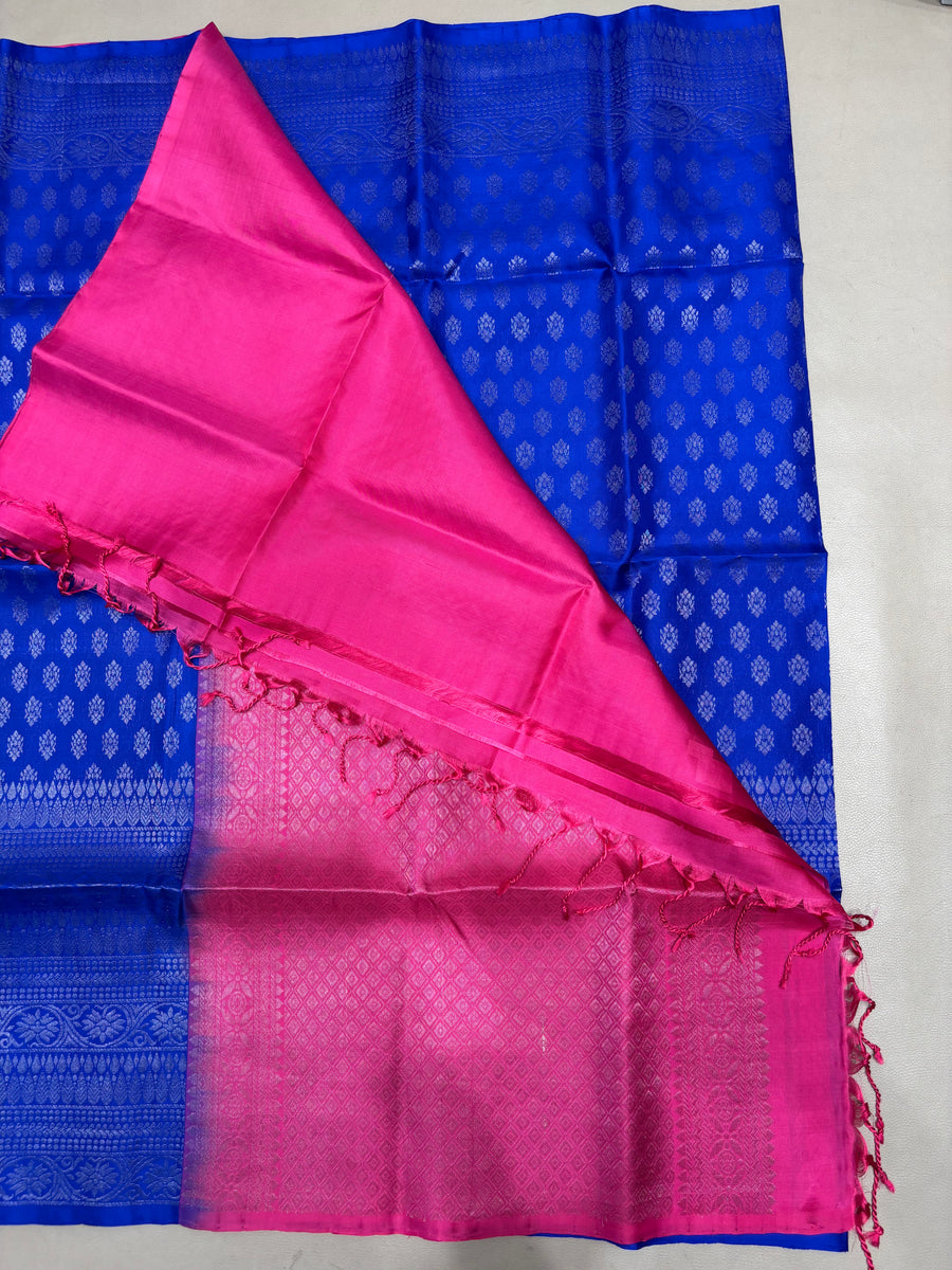 Vairam blue & pink bridal brocade softsilk saree - Pure silk saree