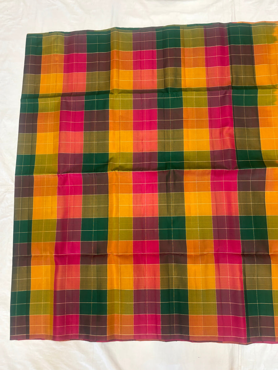 Kattam orange green multicolor handloom softsilk saree