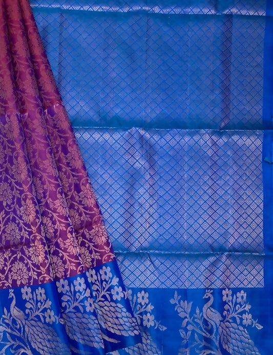 Kamini violet color body & peacock blue color pallu , blouse pure silk saree