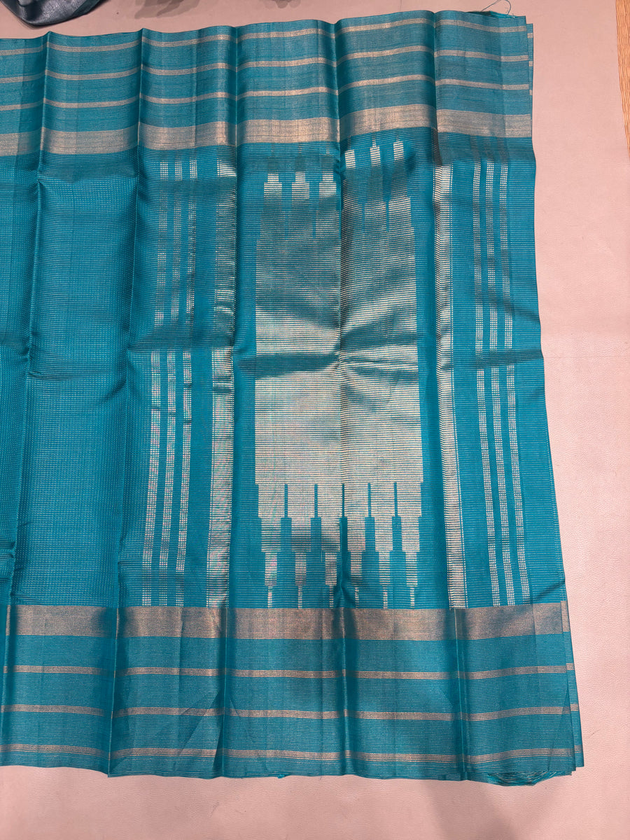 Ranjani teal blue green micro checked handloom softsilk saree - Pure silk saree-AK1118