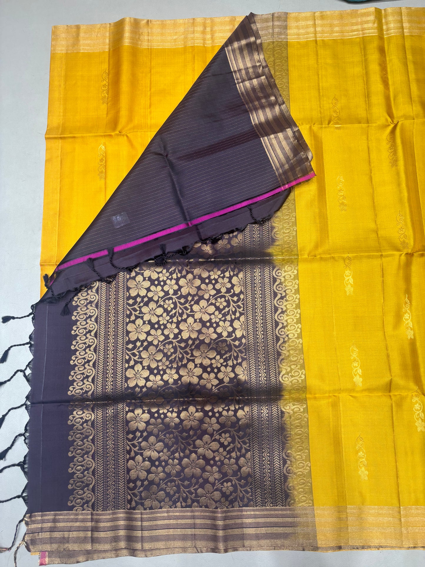 Ponvalli yellow & coffee brown handloom softsilk saree - Pure silk saree
