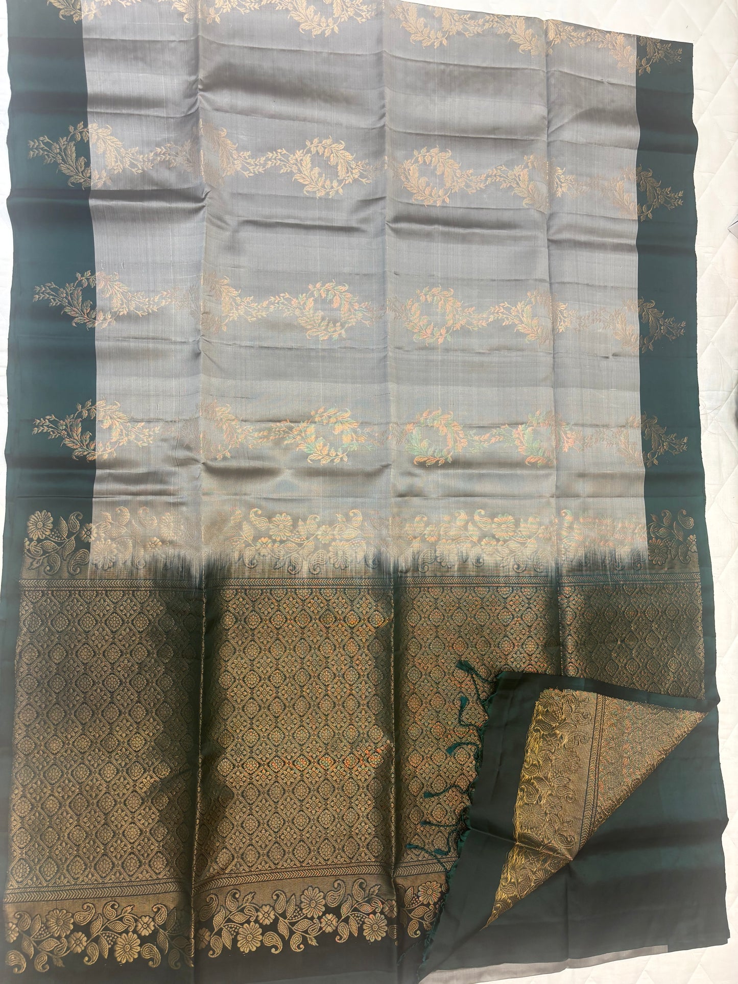 Kalanjali grey & bottle green softsilk saree - Pure silk saree-AK1111