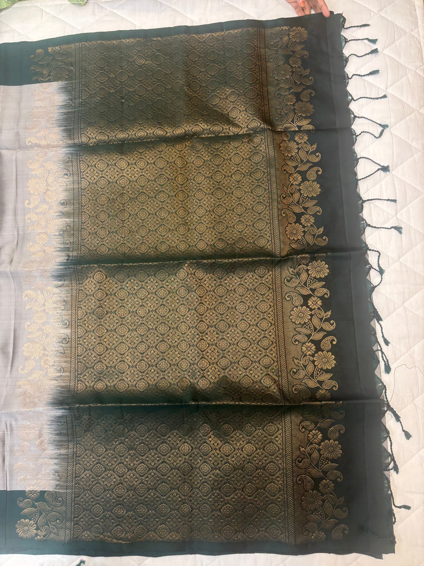 Kalanjali grey & bottle green softsilk saree - Pure silk saree-AK1111
