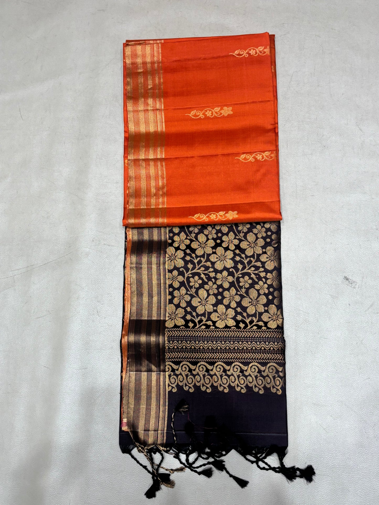 Ponvalli orange & dark brown handloom softsilk saree - Pure silk saree-AK1117
