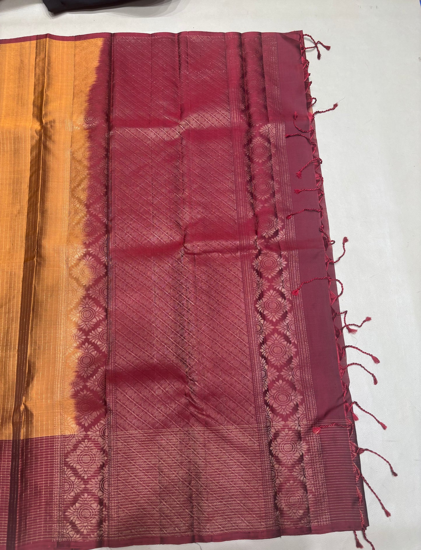 Vaidoori gold & maroon handloom softsilk saree - Vaira oosi design - Pure silk saree