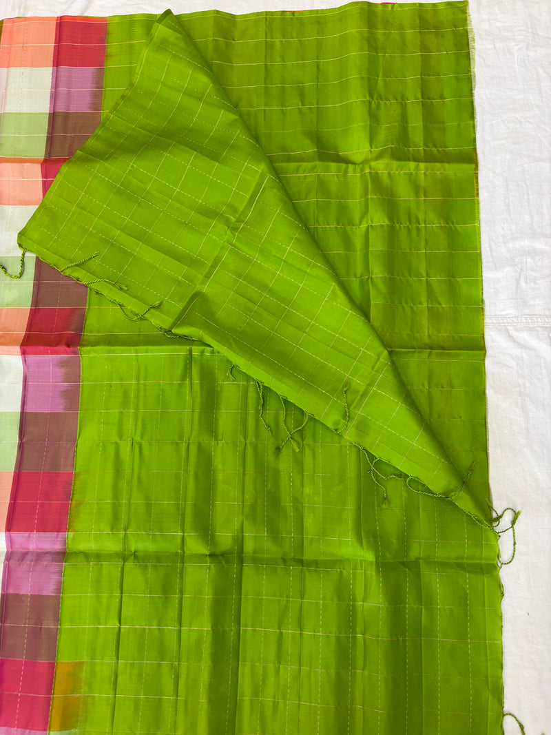 Kattam green Pallu multicolor checks handloom softsilk saree - Pure silk saree