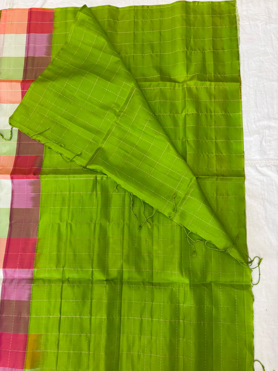 Kattam green Pallu multicolor checks handloom softsilk saree - Pure silk saree