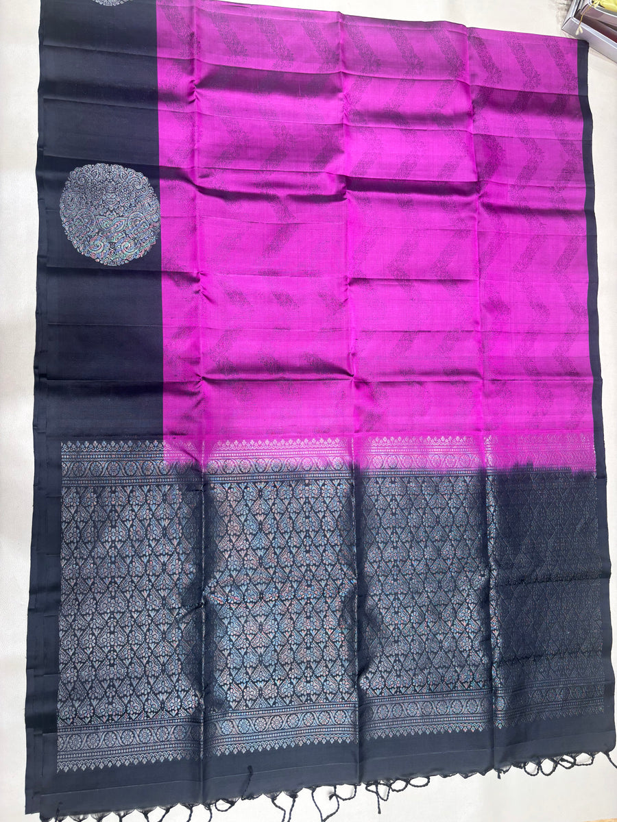 Darika pink & black handloom softsilk saree - Pure silk saree