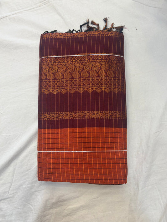 Rust orange & purple checked Kalyani cotton saree