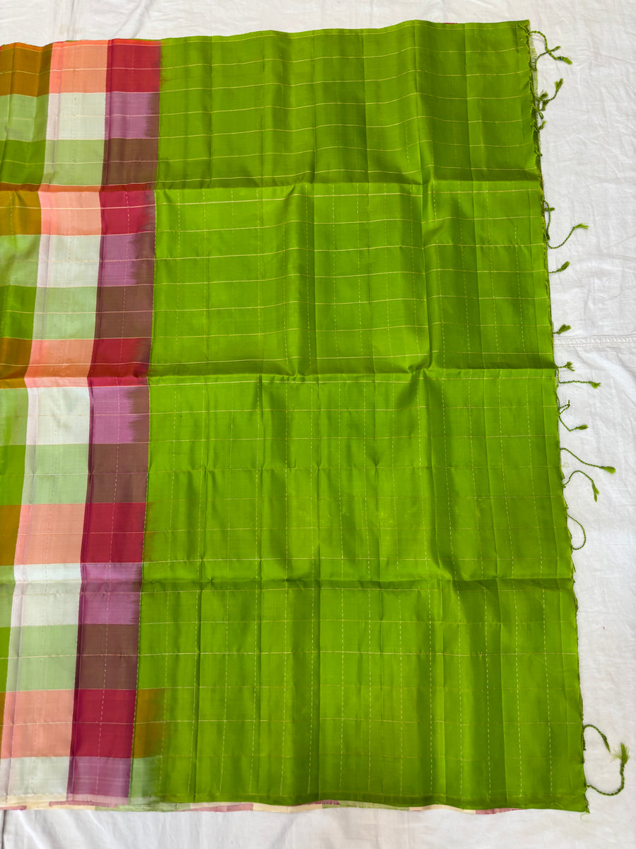 Kattam green Pallu multicolor checks handloom softsilk saree - Pure silk saree