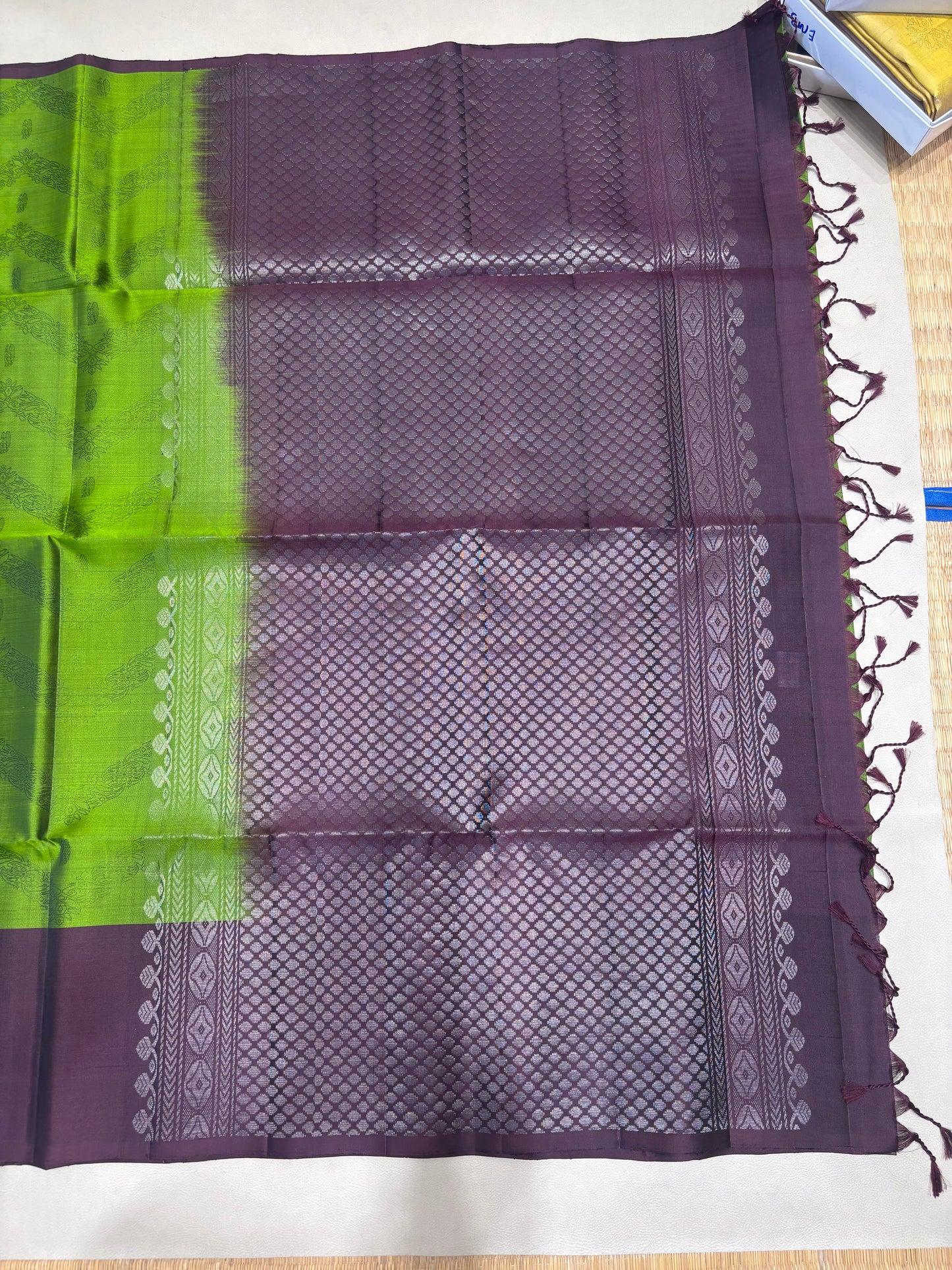 Darika green softsilk saree with embose design - Pure silk saree-AK1106