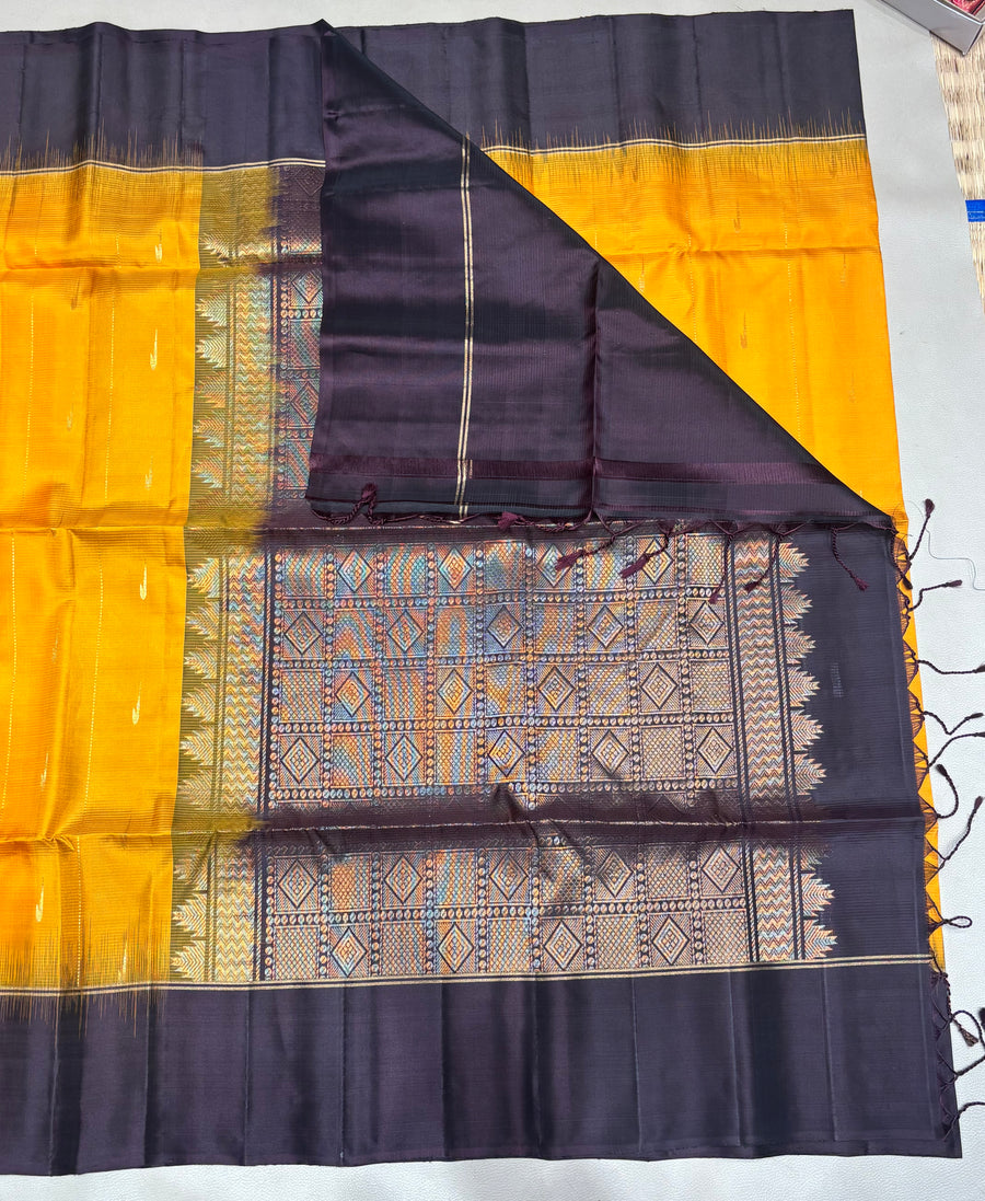 Leelavathi yellow & coffee brown handloom softsilk saree - Pure silk saree - GA104