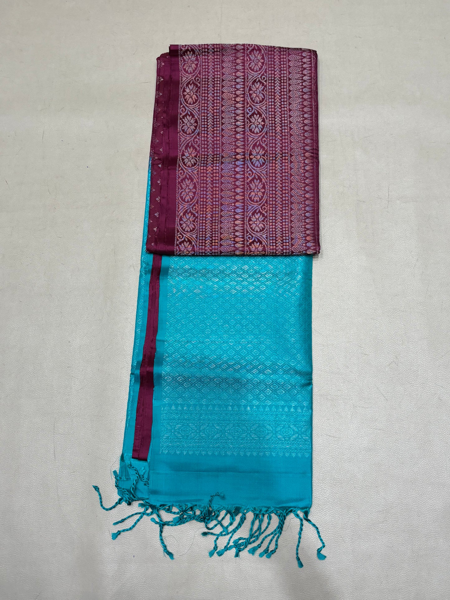 Vairam wine & teal blue bridal brocade softsilk saree - Pure silk saree