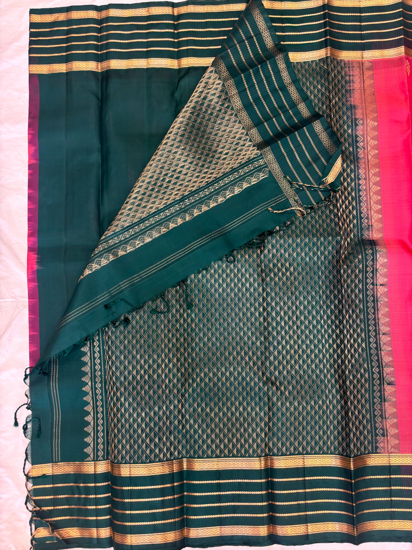 Suhitha pink & bottle green handloom softsilk saree- Pure silk saree-AK1110