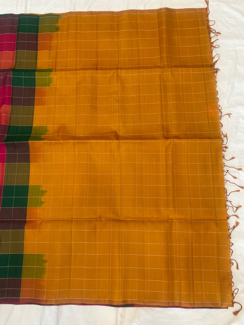 Kattam orange green multicolor handloom softsilk saree