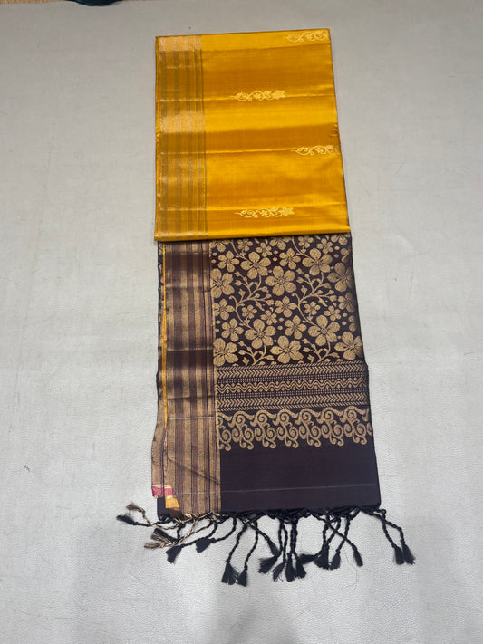 Ponvalli yellow & coffee brown handloom softsilk saree - Pure silk saree
