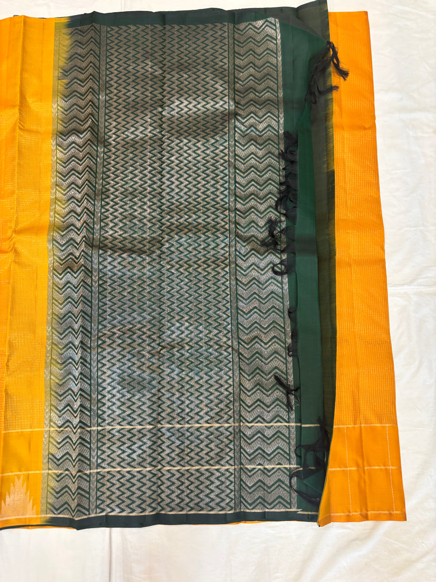 Devasena golden yellow & bottle green handloom softsilk saree - Pure silk saree-AK1110