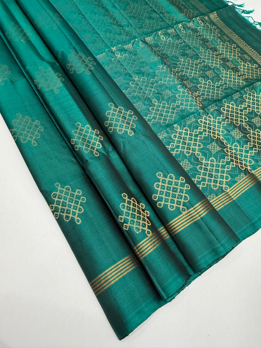 Kolam softsilk saree - peacock green color body, pallu , blouse pure silk saree