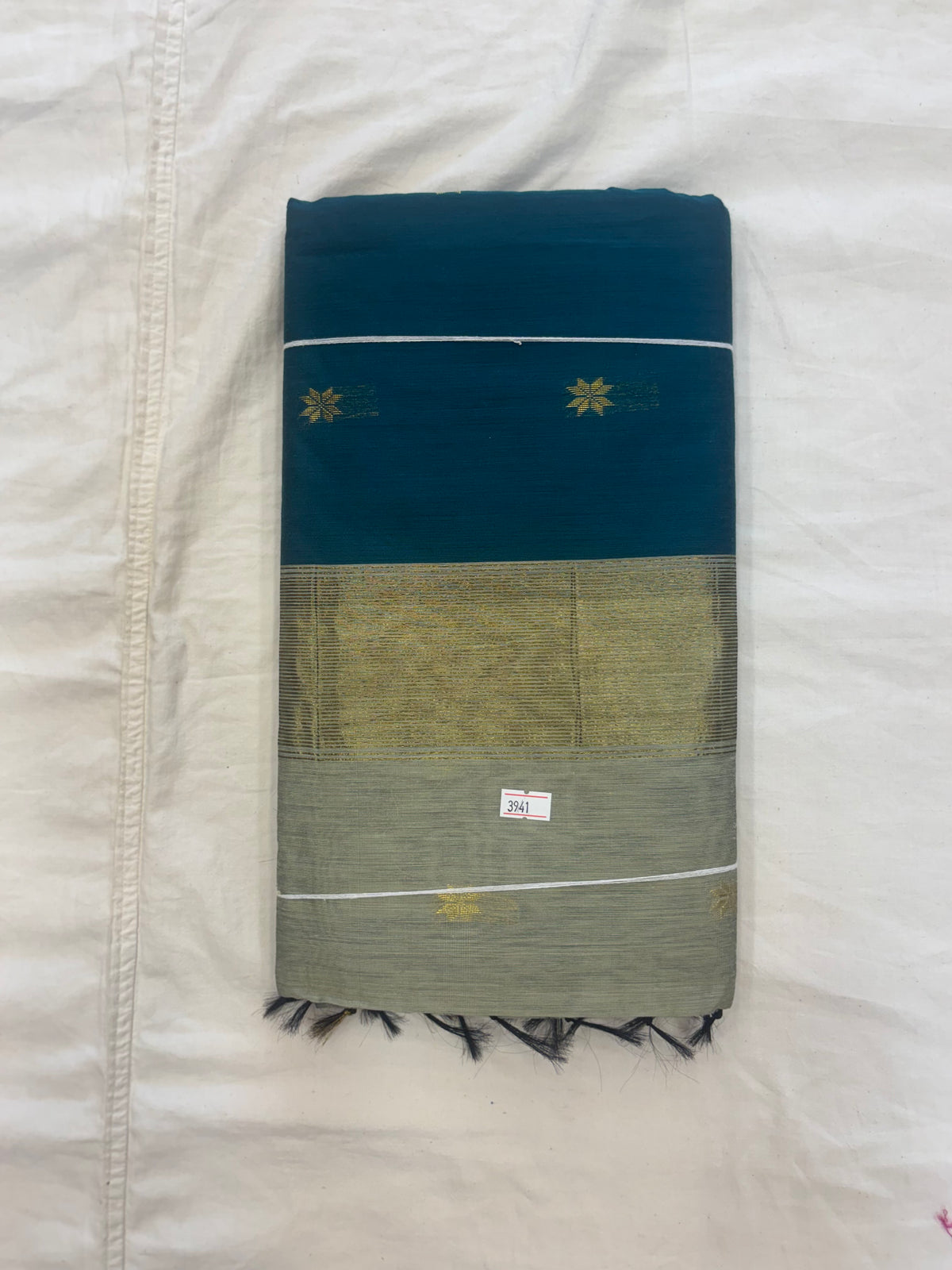 Peacock blue green shade  & grey Maheshwari cotton saree
