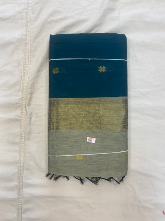 Peacock blue green shade  & grey Maheshwari cotton saree