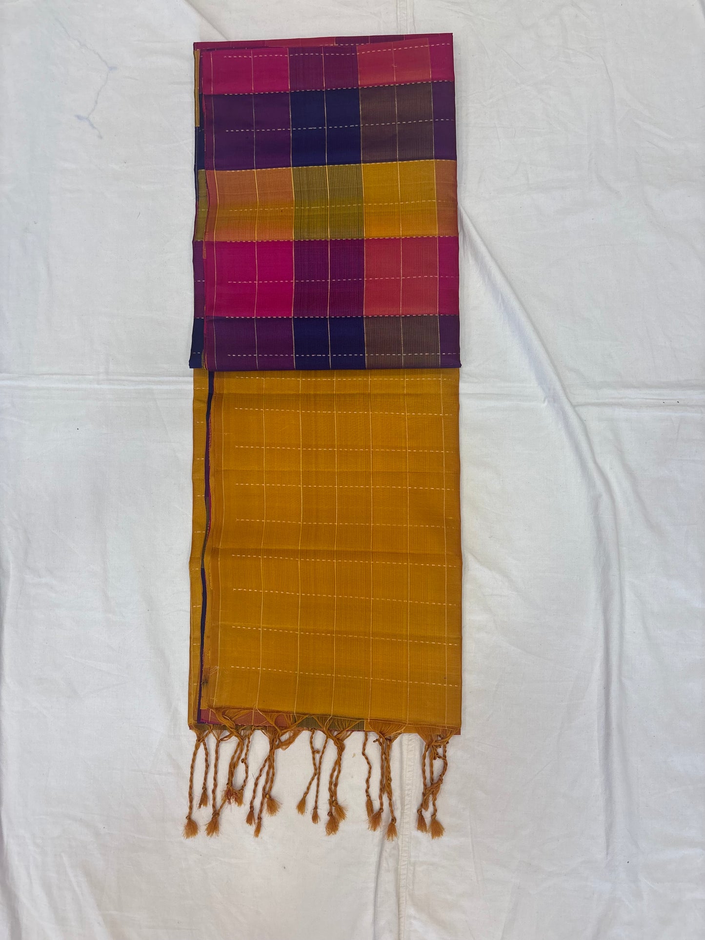 Kattam Multi color checks - yellow handloom softsilk saree-AK1114