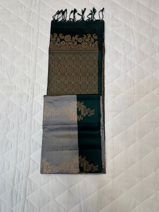 Kalanjali grey & bottle green softsilk saree - Pure silk saree-AK1111