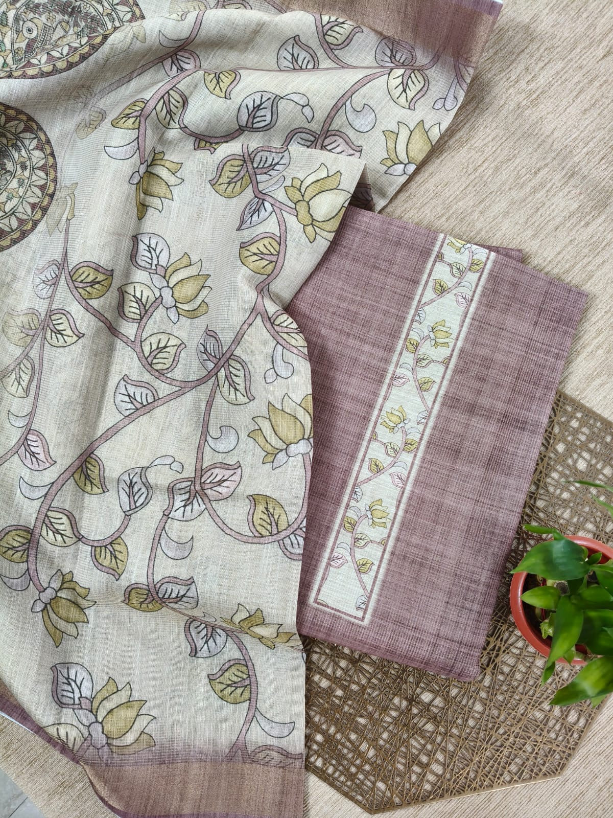Semi Tussar salwar material - 2 colors with lotus design