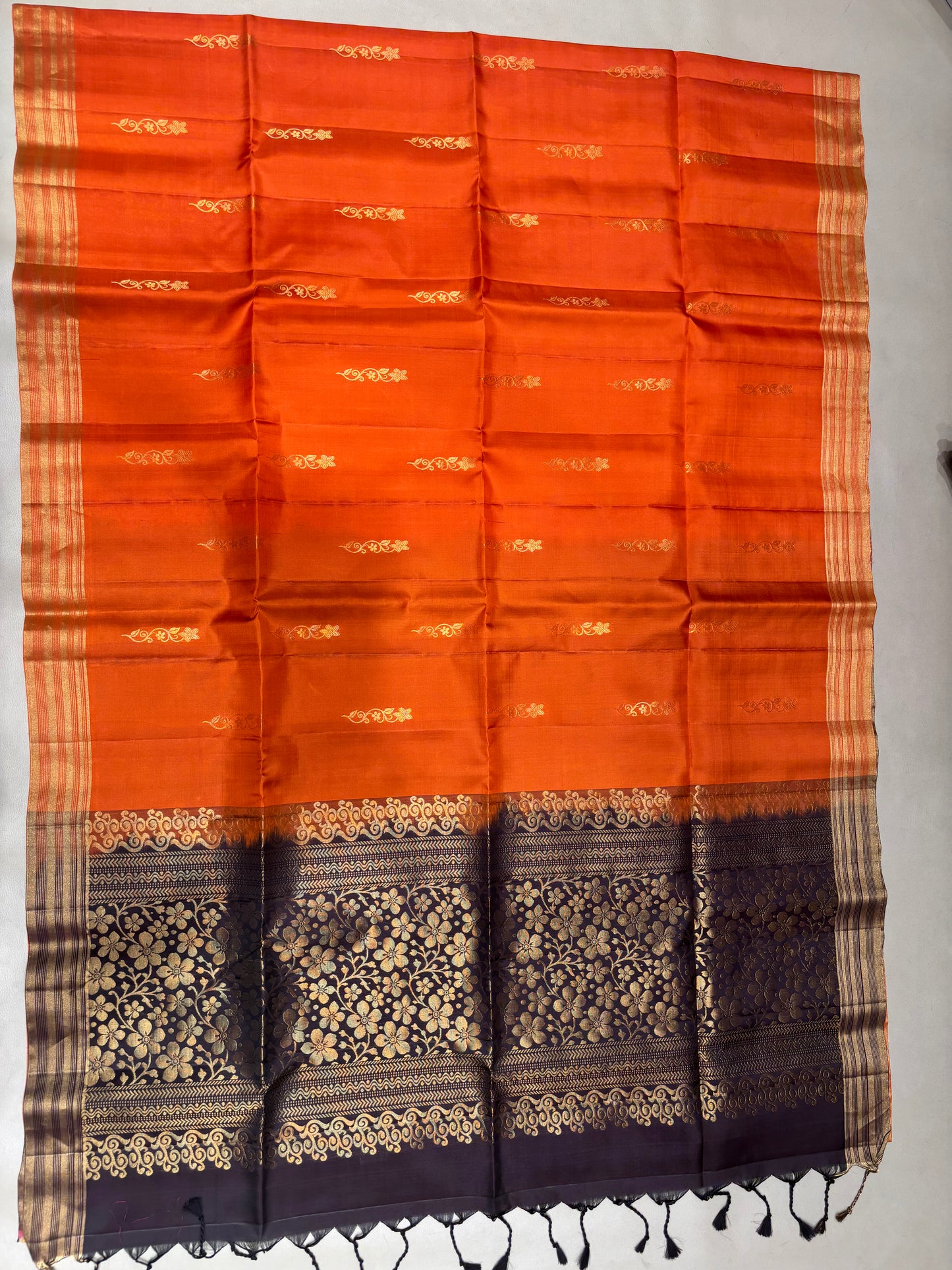 Ponvalli orange & dark brown handloom softsilk saree - Pure silk saree-AK1117