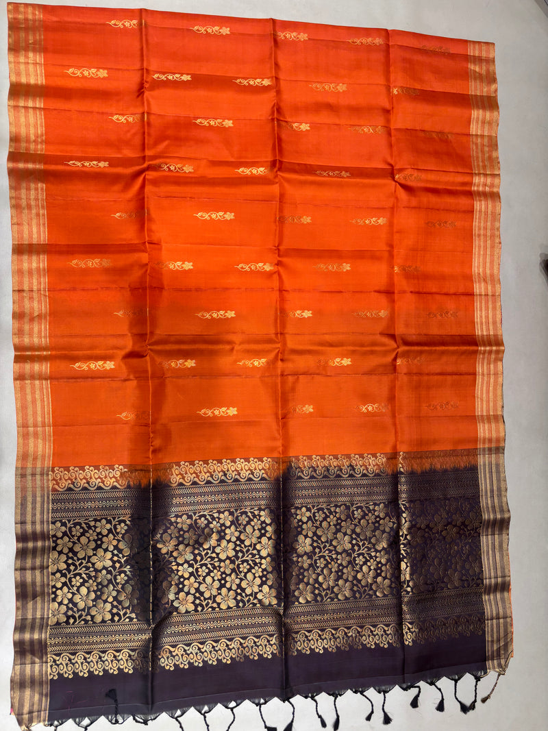Ponvalli orange & dark brown handloom softsilk saree - Pure silk saree-AK1117