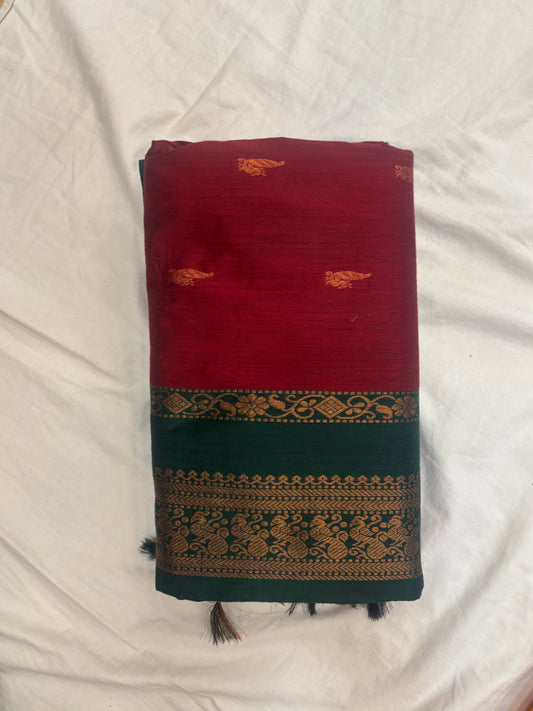 Maroon & bottle green Kalyani cotton saree