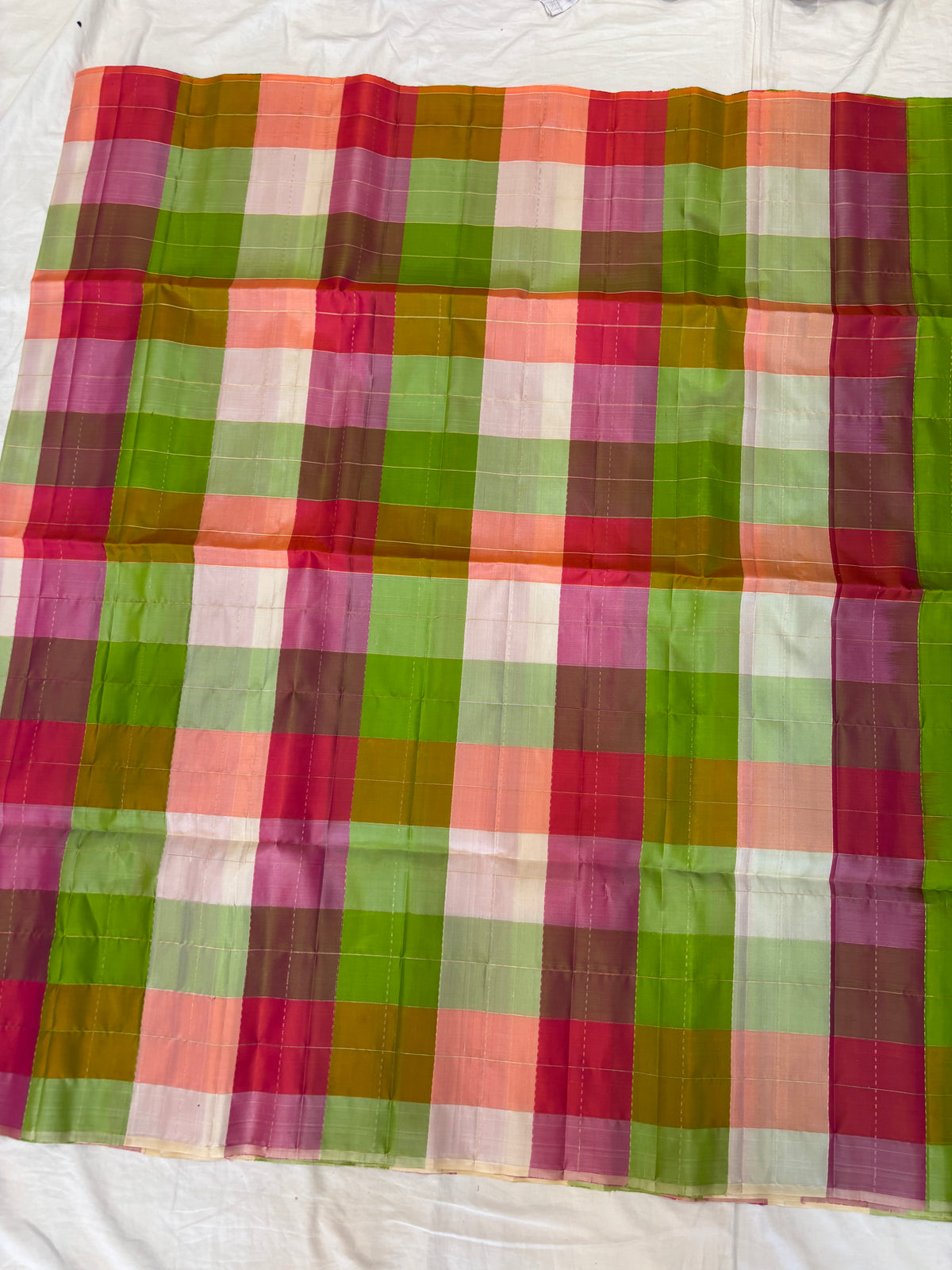 Kattam green Pallu multicolor checks handloom softsilk saree - Pure silk saree