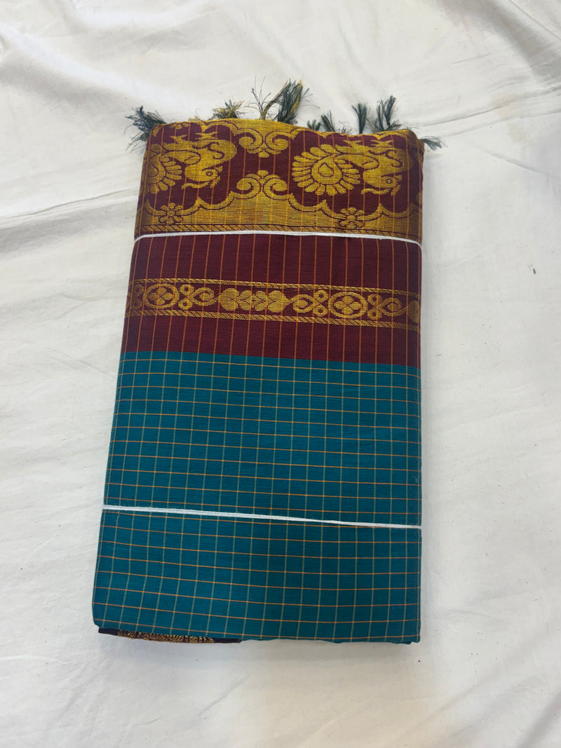Dark teal checked Kalyani cotton saree
