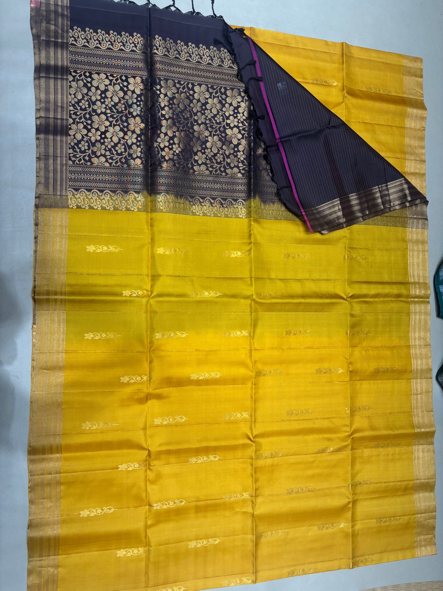 Ponvalli yellow & coffee brown handloom softsilk saree - Pure silk saree