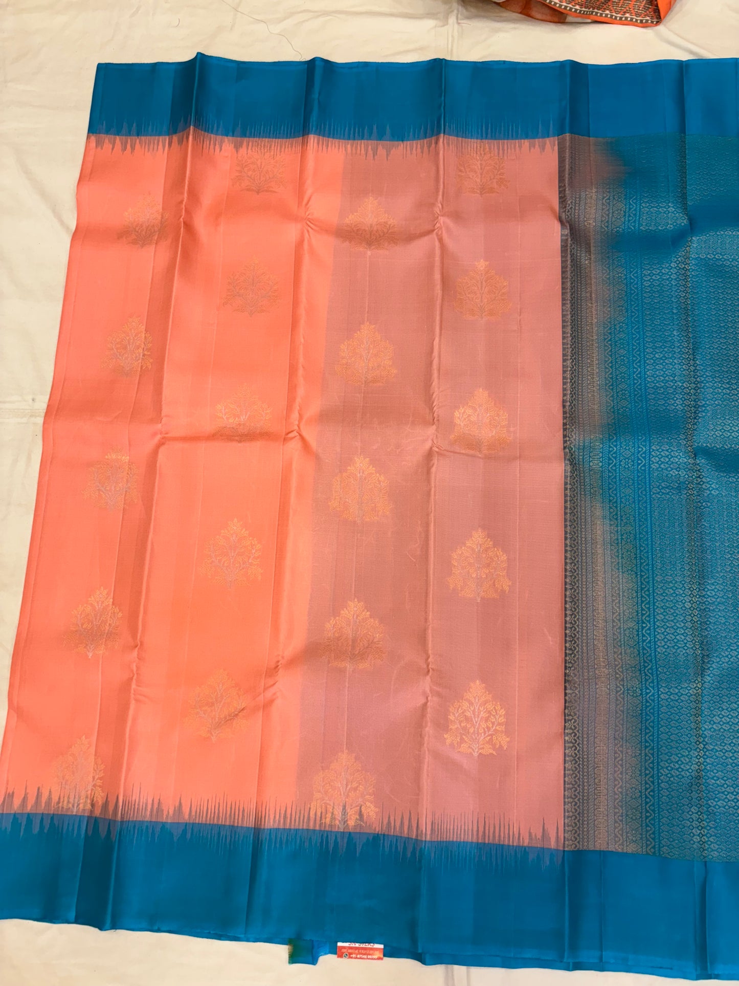 Yuvaa peach & blue softsilk saree - Pure silk saree