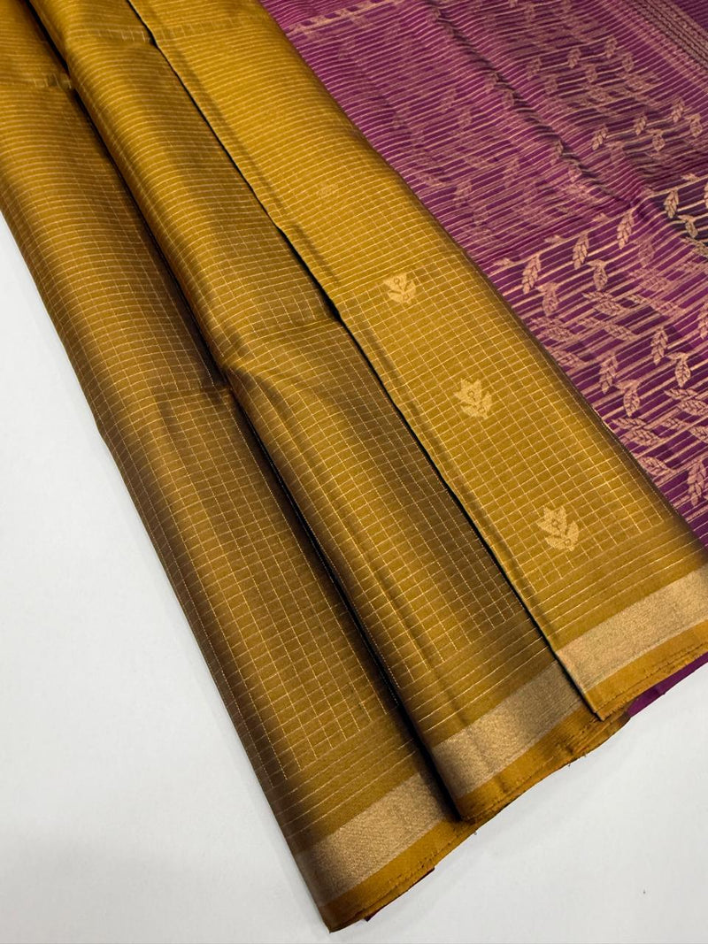 Tanvitha handloom softsilk sareee - mustard color body , purple color pallu,blouse - Pure silk saree