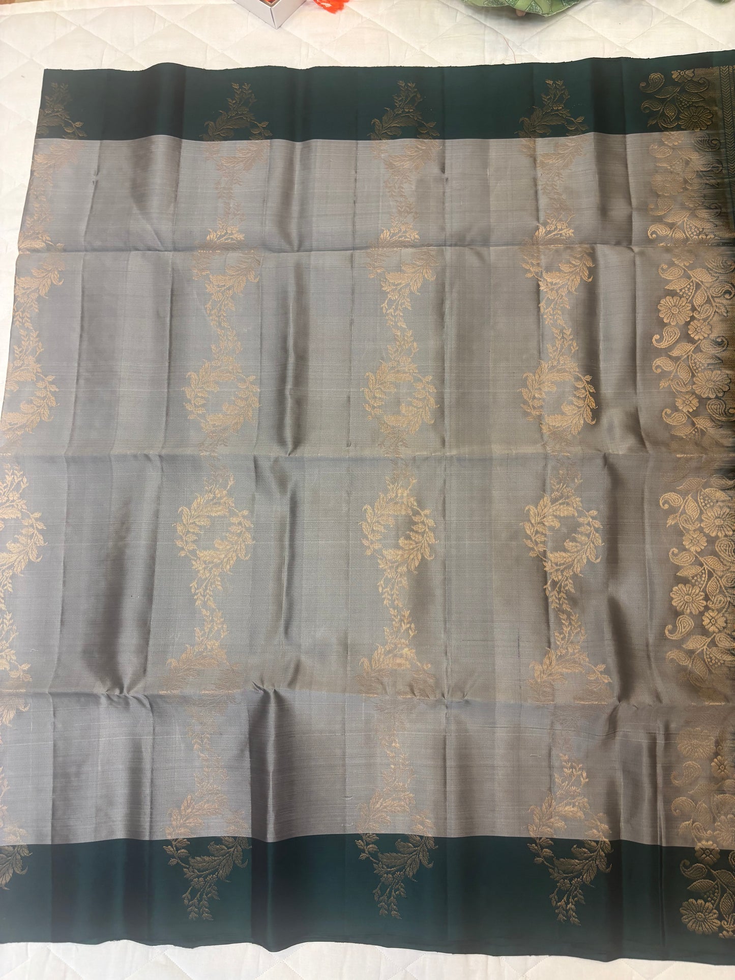 Kalanjali grey & bottle green softsilk saree - Pure silk saree-AK1111