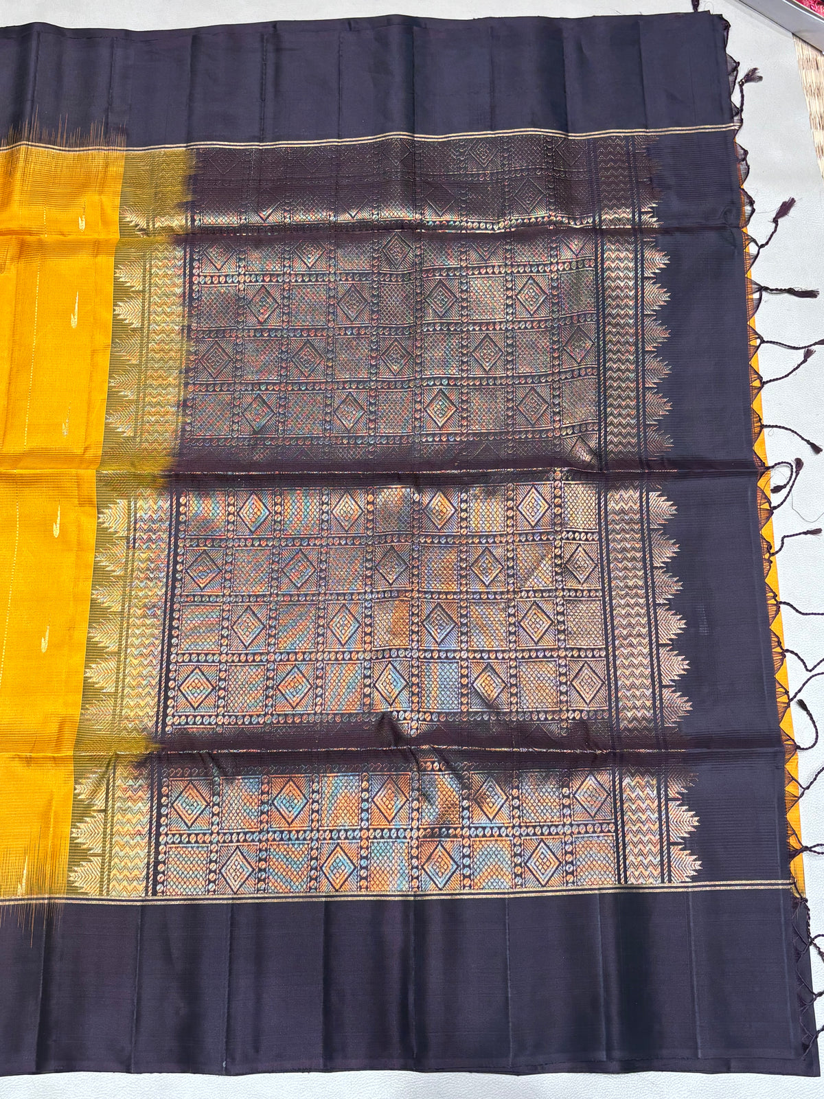 Leelavathi yellow & coffee brown handloom softsilk saree - Pure silk saree - GA104