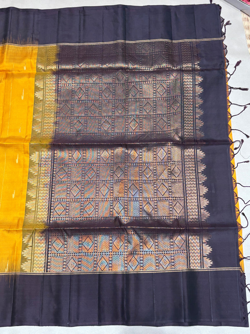Leelavathi yellow & coffee brown handloom softsilk saree - Pure silk saree - GA104