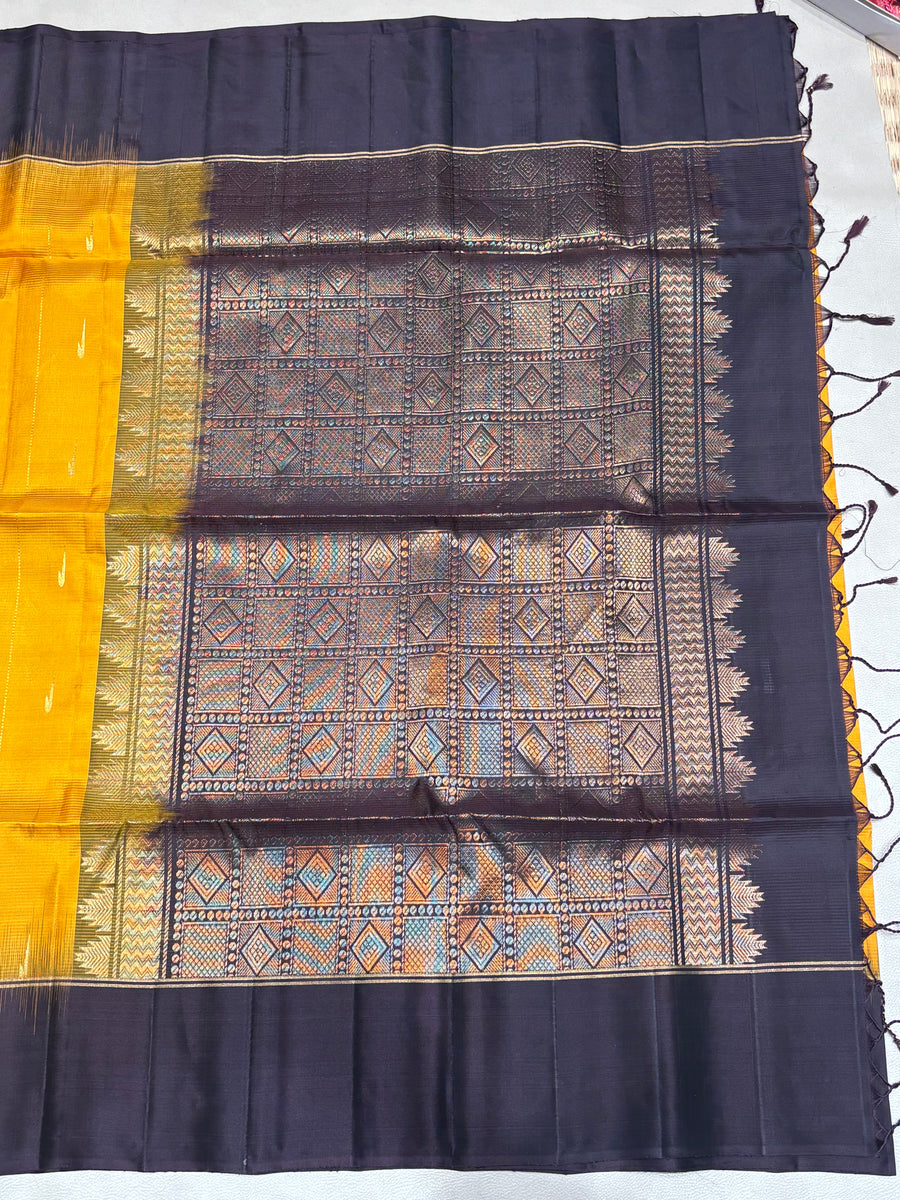 Leelavathi yellow & coffee brown handloom softsilk saree - Pure silk saree - GA104